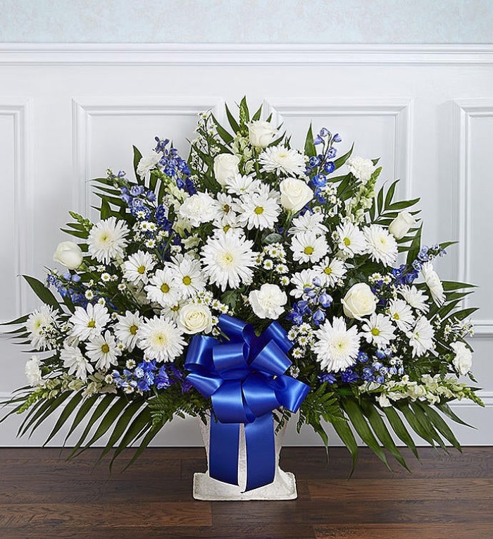 Heartfelt Tribute&trade; Blue &amp; White Floor Basket Arrangeme