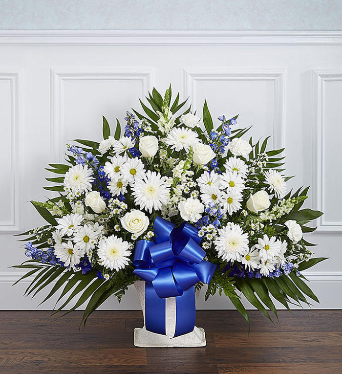 Heartfelt Tribute&trade; Blue &amp; White Floor Basket Arrangeme