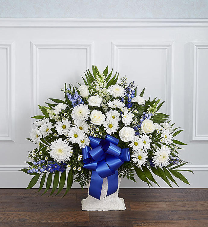 Heartfelt Tribute&trade; Blue &amp; White Floor Basket Arrangeme