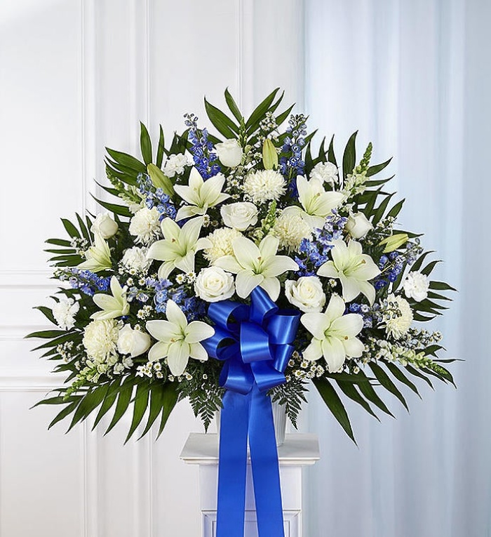 Heartfelt Sympathies Blue &amp; White Funeral Standing Basket